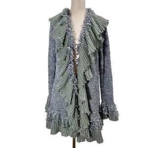 Vintage Y2K Gray Fringe Crochet Sweater Open Draped Cardigan Sioni Studio Large